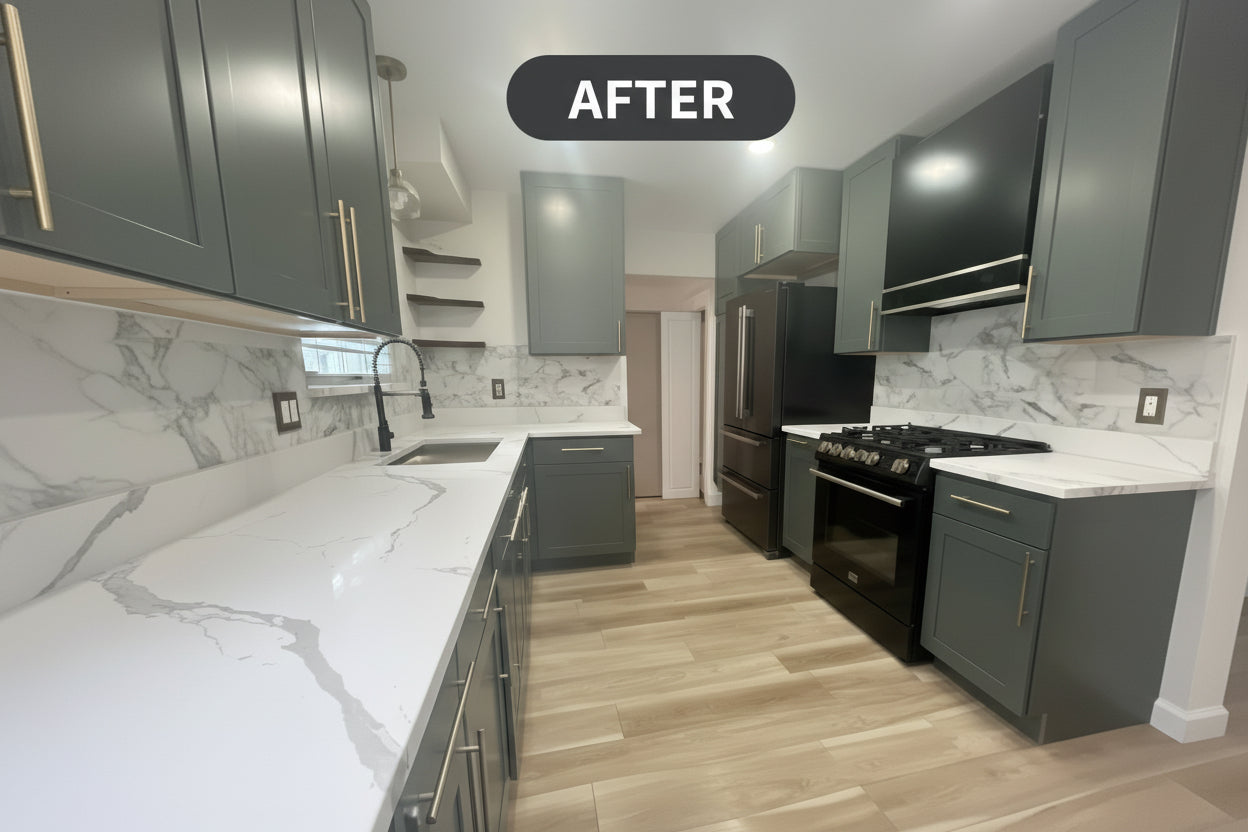 Modern kitchen with gray cabinets, white countertops, and tiled floor.